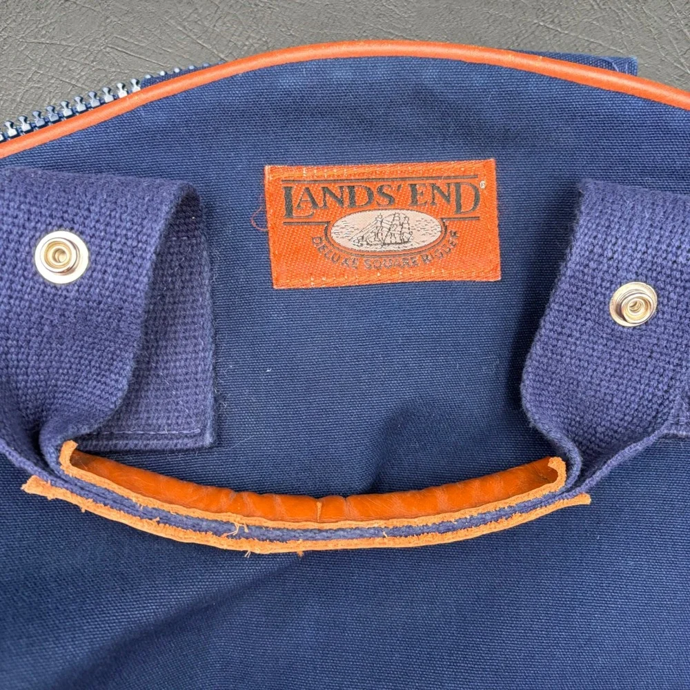 Lands End Deluxe Square Rigger Navy Blue Canvas Garment Bag Leather Trim Vintage